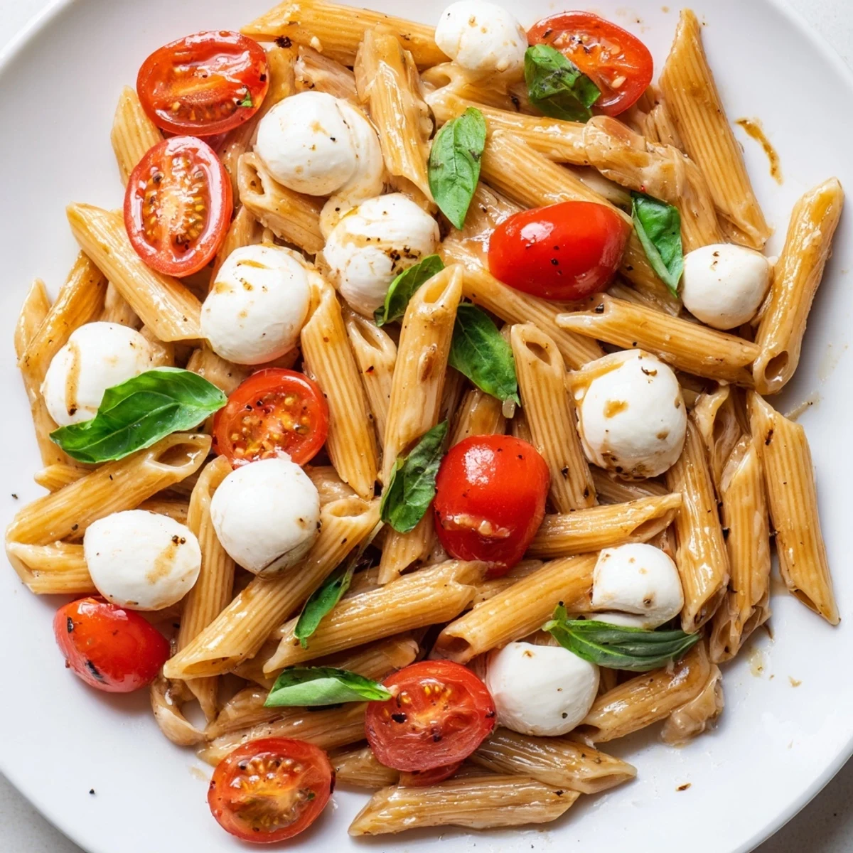 Close-up of freshly made Caprese Pasta Salad, tossed with a zesty balsamic dressing.