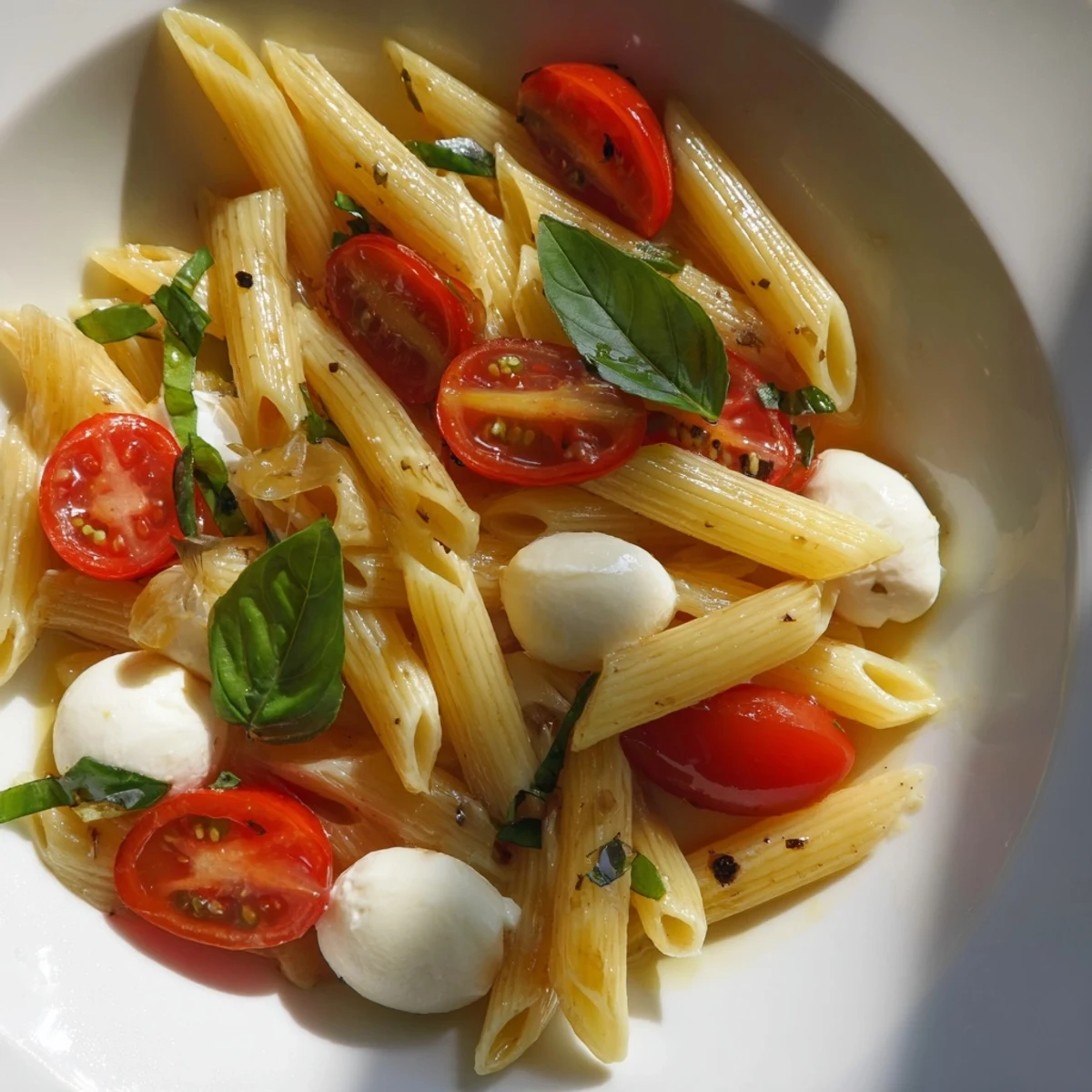 A bowl of bright Caprese Pasta Salad: a refreshing vegetarian lunch option.