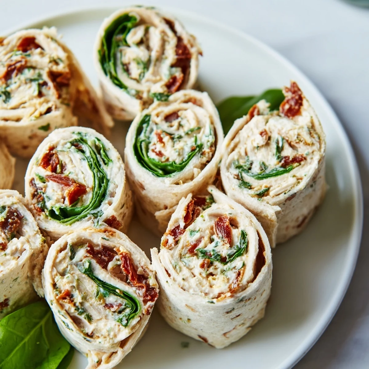 Delicious, bite-sized Sun-Dried Tomato Turkey Roll-Ups ready to eat, served with fresh spinach.