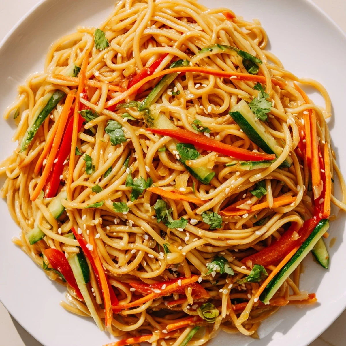 Vibrant Garlic Noodle Salad with colorful vegetables, coated in a savory sauce, ready to be enjoyed.