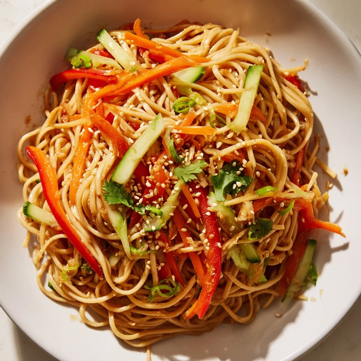 Delicious cold Garlic Noodle Salad with glistening noodles and sesame seeds, a perfect vegetarian meal.