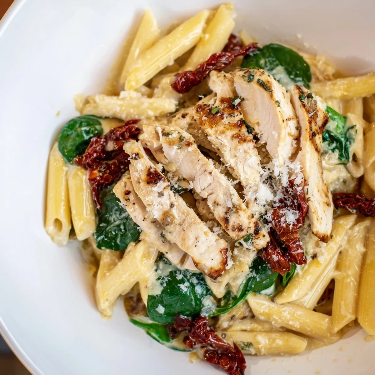 Creamy Tuscan Chicken Pasta with tender chicken, spinach, and sun-dried tomatoes, a comforting Italian meal.