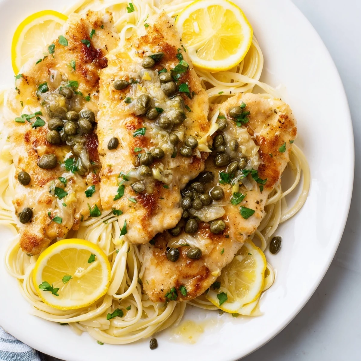 Close-up of Quick Chicken Piccata Pasta, showcasing tender chicken over perfectly cooked pasta and vibrant sauce.