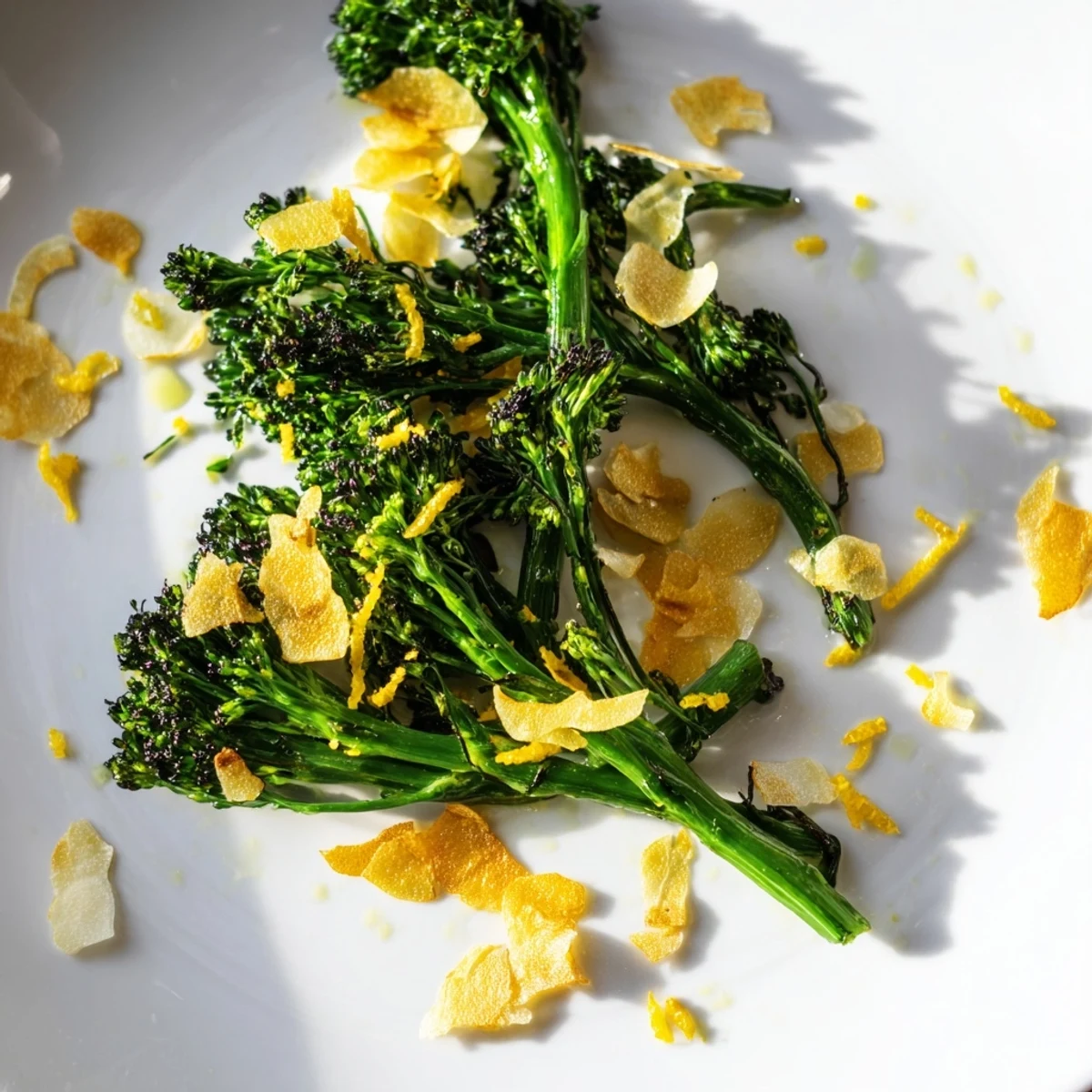 Vibrant Charred Broccolini Salad, tender from the air fryer, topped with crunchy garlic and Parmesan.