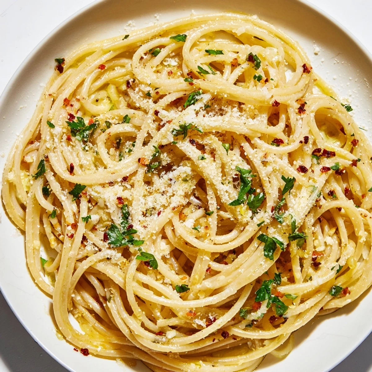 Steaming bowl of Aglio e Olio express pasta, glistening with olive oil and fresh parsley.