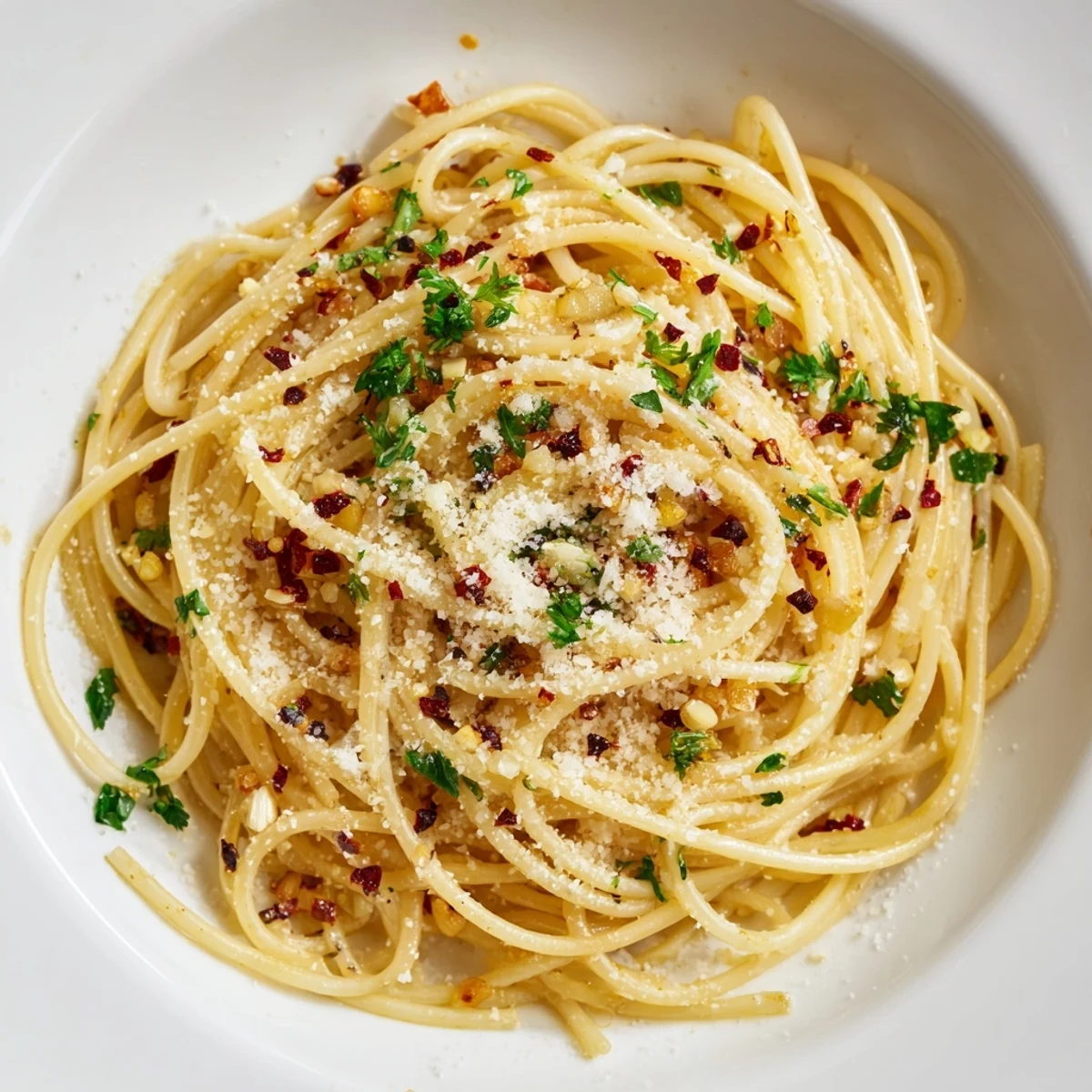 Aglio e Olio express pasta: perfectly cooked spaghetti coated in garlic-infused oil.