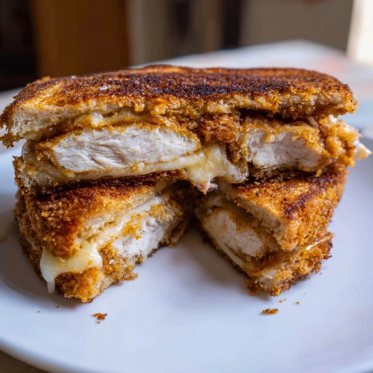 Golden, cheesy, Crispy Parmesan Chicken Thighs Grilled Cheese with visible melted cheese and perfect browning.