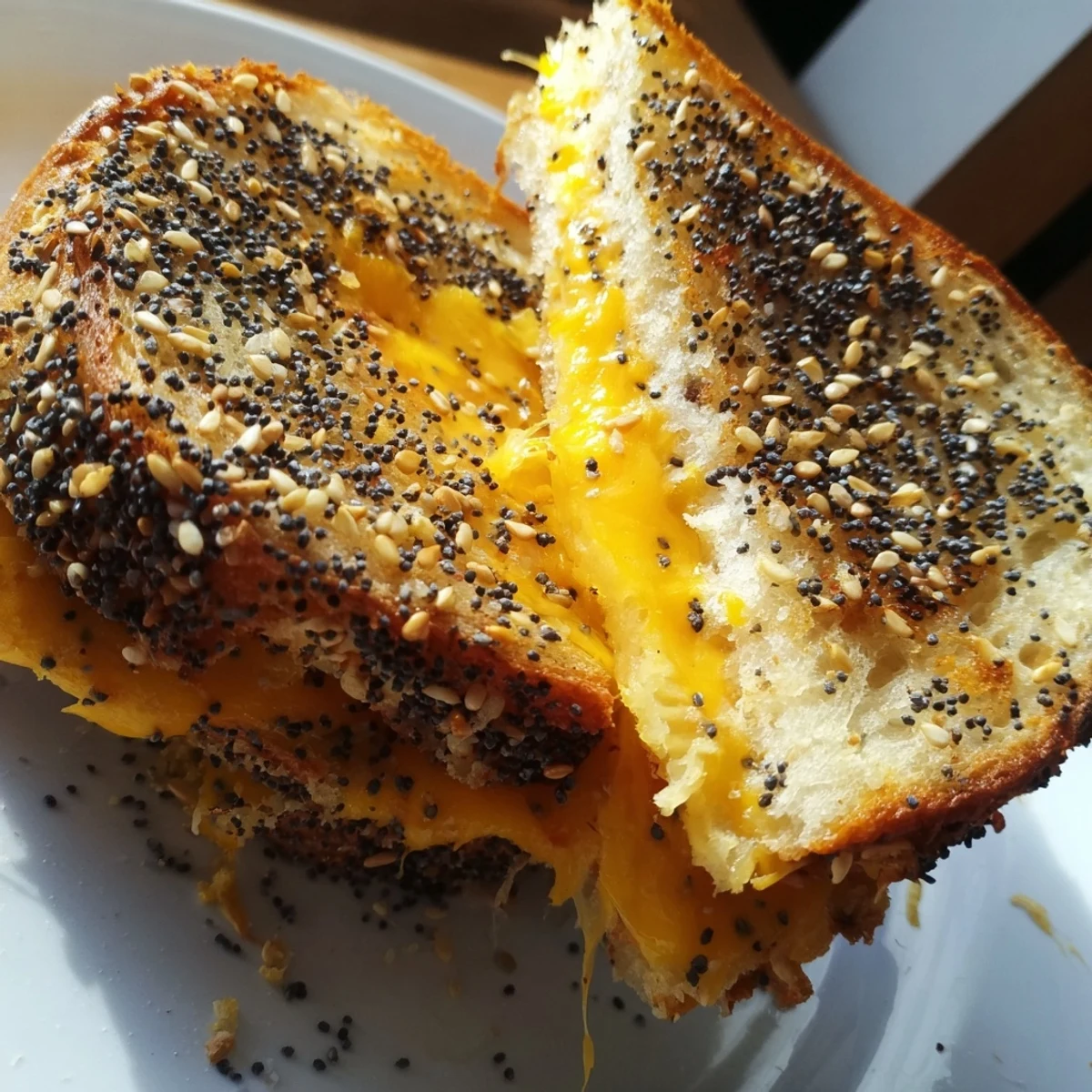 Warm, gooey Everything Bagel Grilled Cheese served with a side of tomato soup.