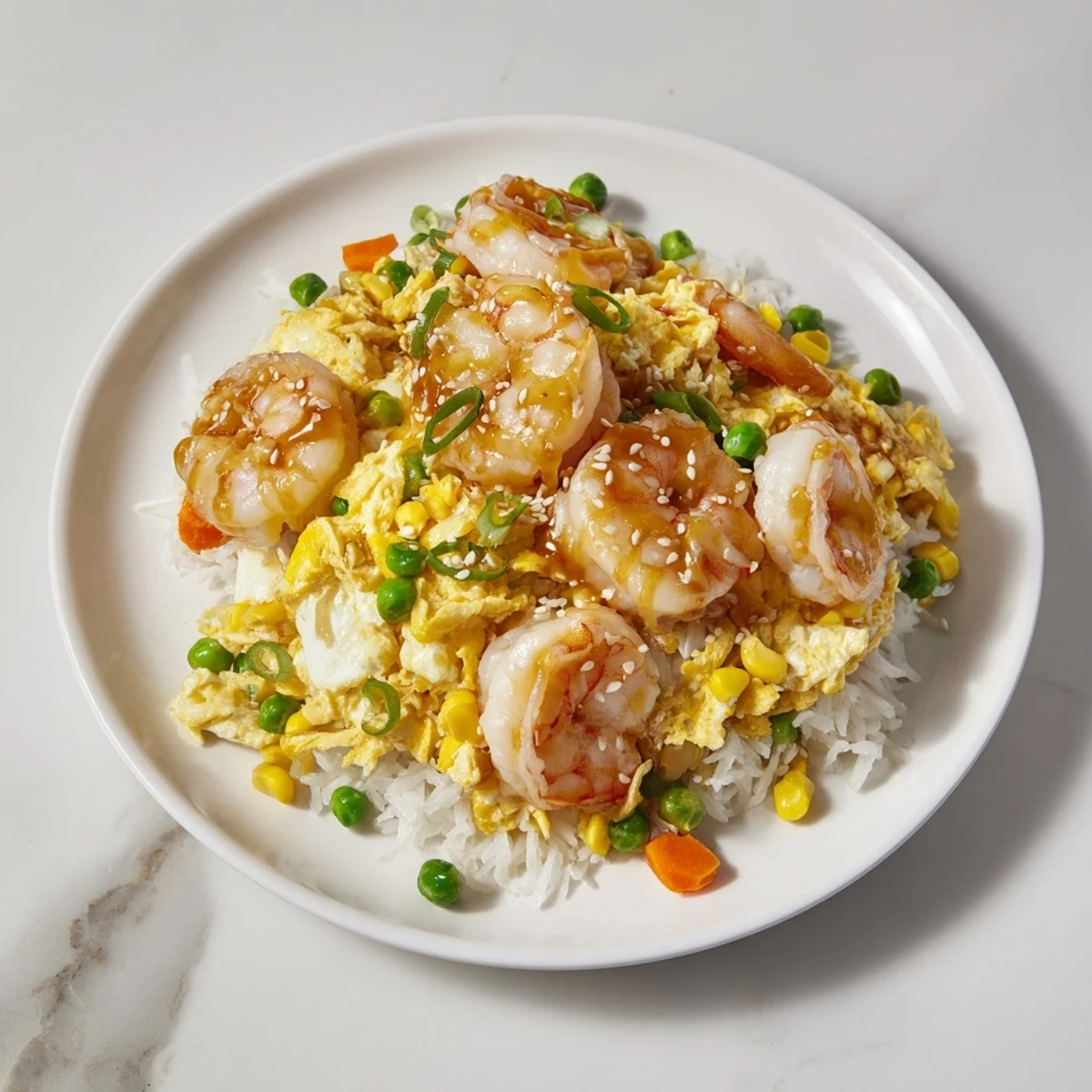 Golden shrimp fried rice, a quick and delicious meal brimming with cooked shrimp and veggies.