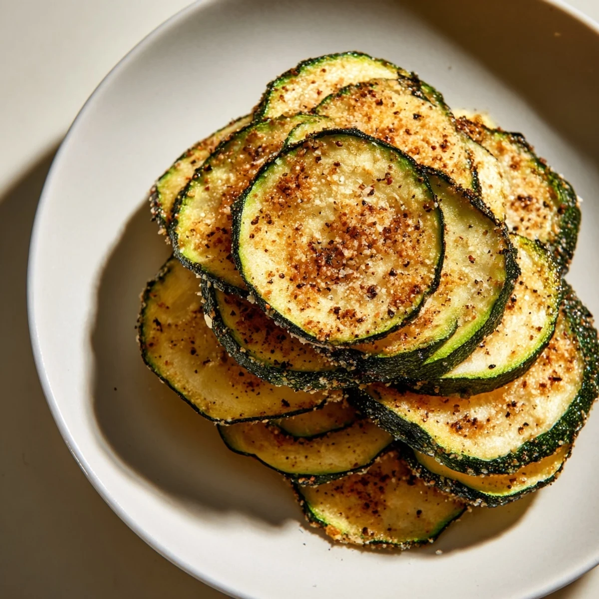 Golden, crispy zucchini chips, thinly sliced and seasoned, ready for a satisfying, healthy snack.