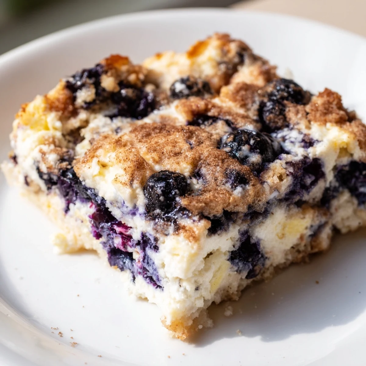Warm Blueberry Cottage Cheese Bake, topped with juicy fresh berries, ready to serve.