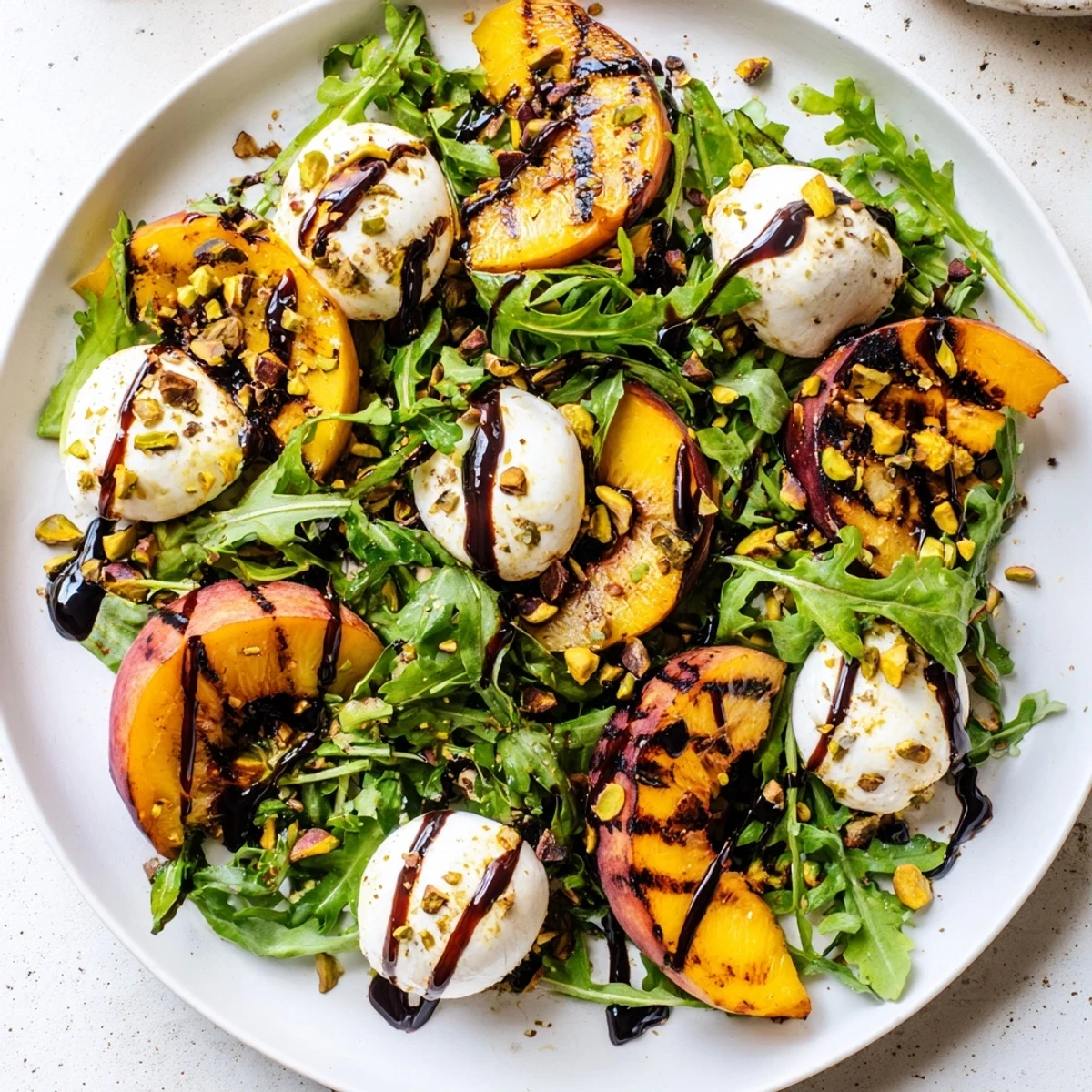 Fresh Grilled Peach Salad boasts sweet peaches alongside creamy burrata, drizzled with balsamic glaze, ready to eat.