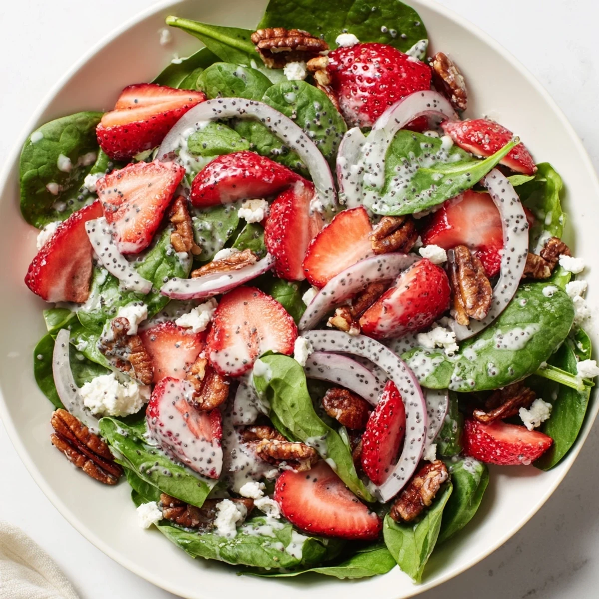 Fresh Strawberry Spinach Salad with vibrant red strawberries and crunchy candied pecans.
