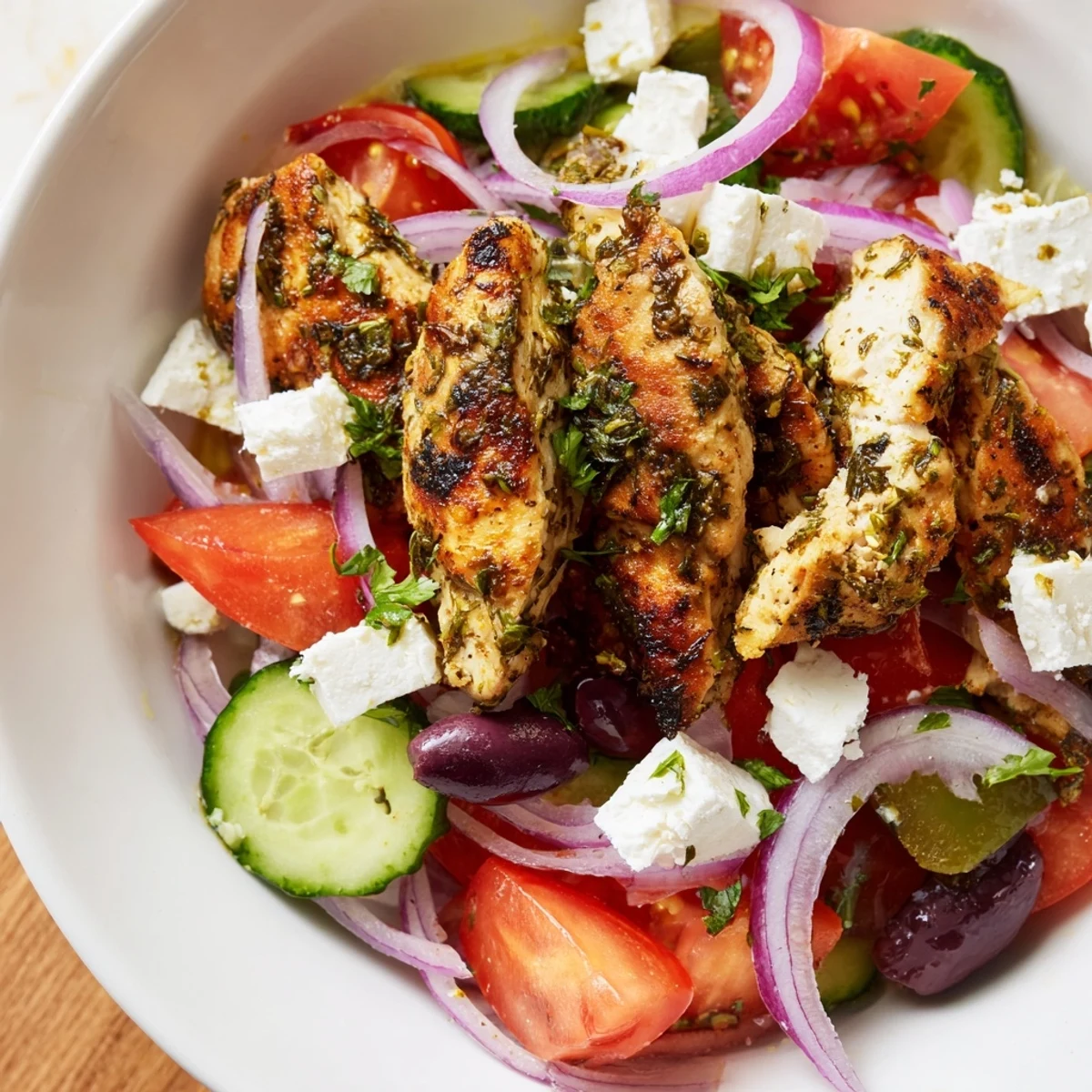 Greek Salad with Grilled Chicken featuring juicy chicken, fresh tomatoes, and crumbled feta.