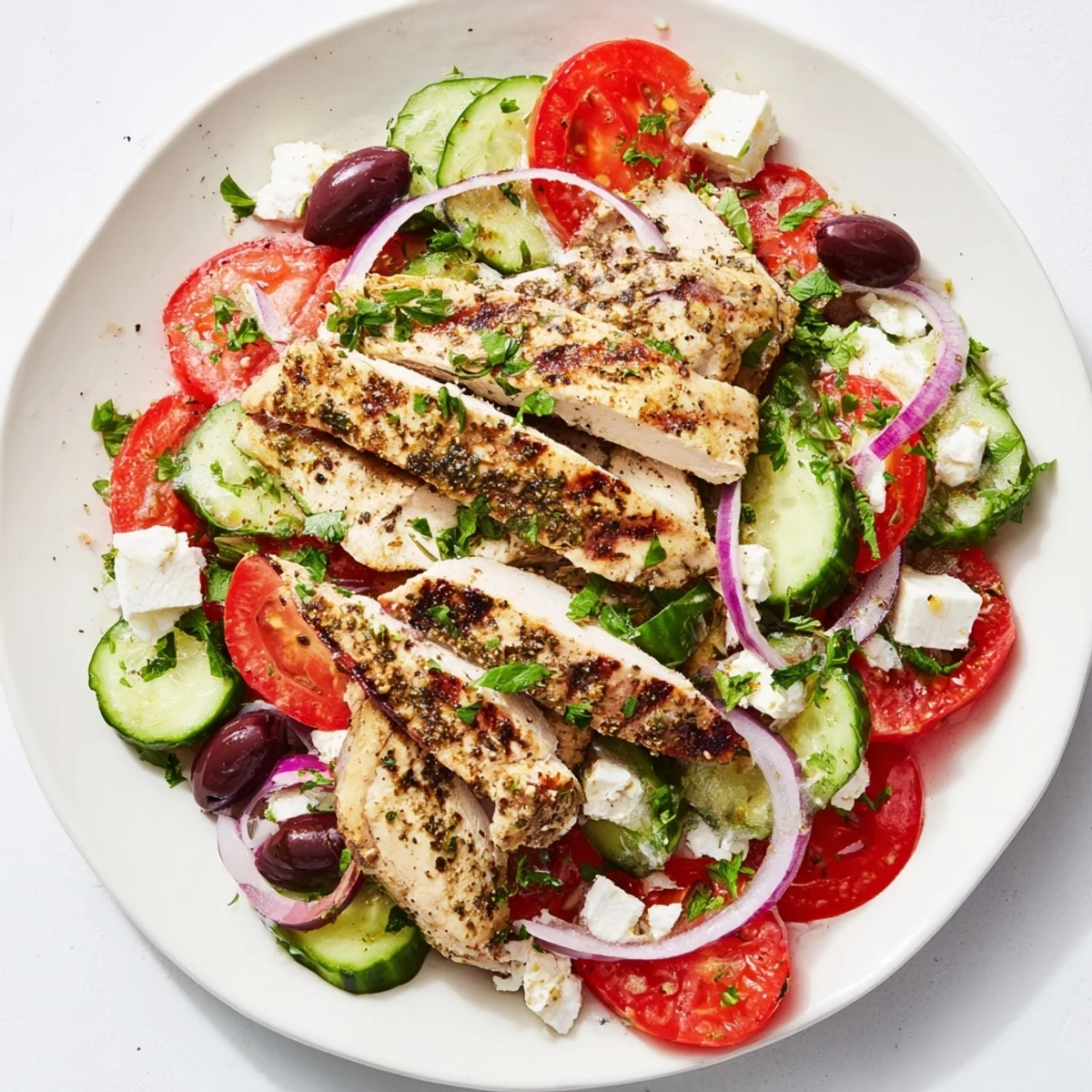 Image of a beautiful Greek Salad with Grilled Chicken glistening with olive oil dressing.