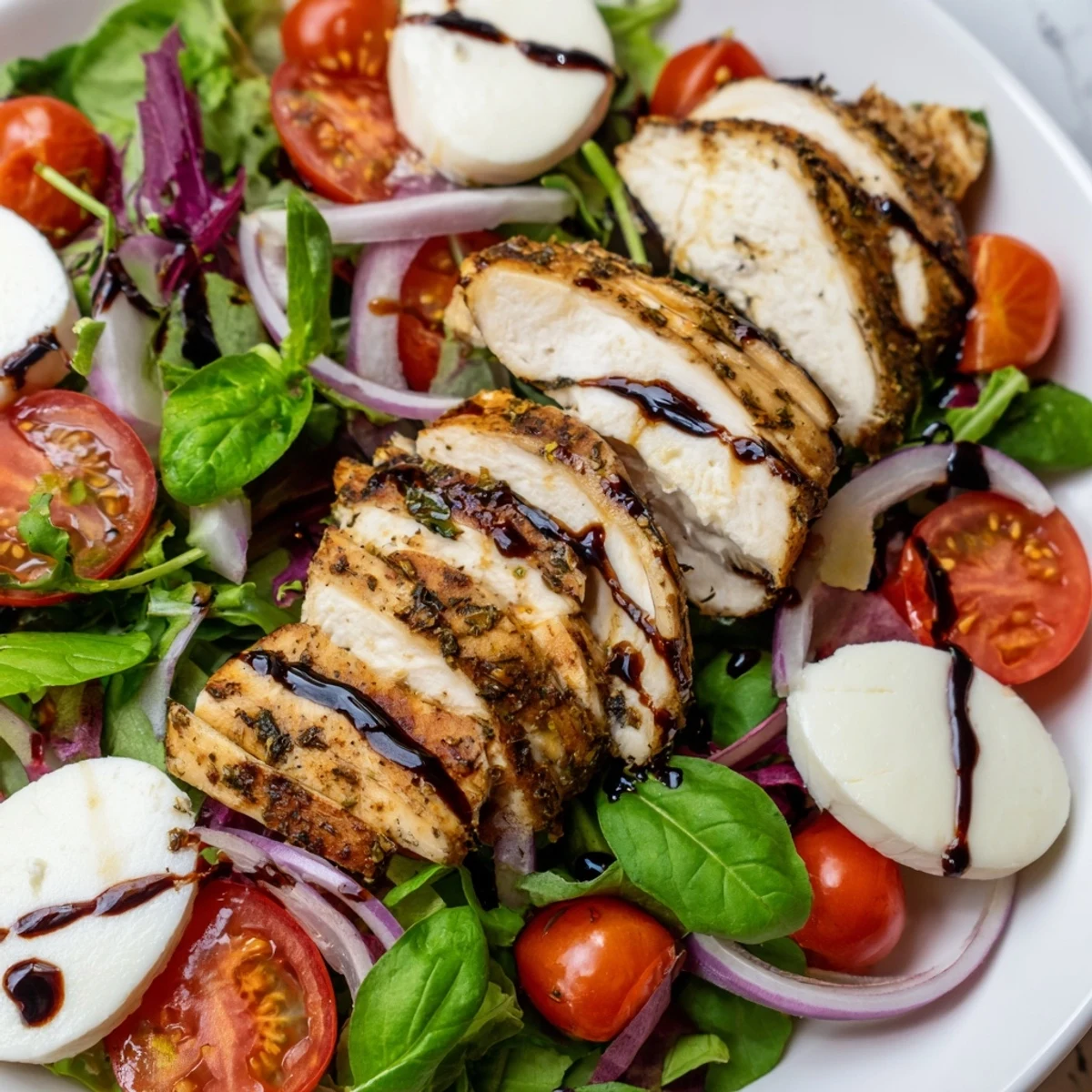 Delicious Caprese Chicken Salad: a vibrant Italian salad with grilled chicken and fresh basil.