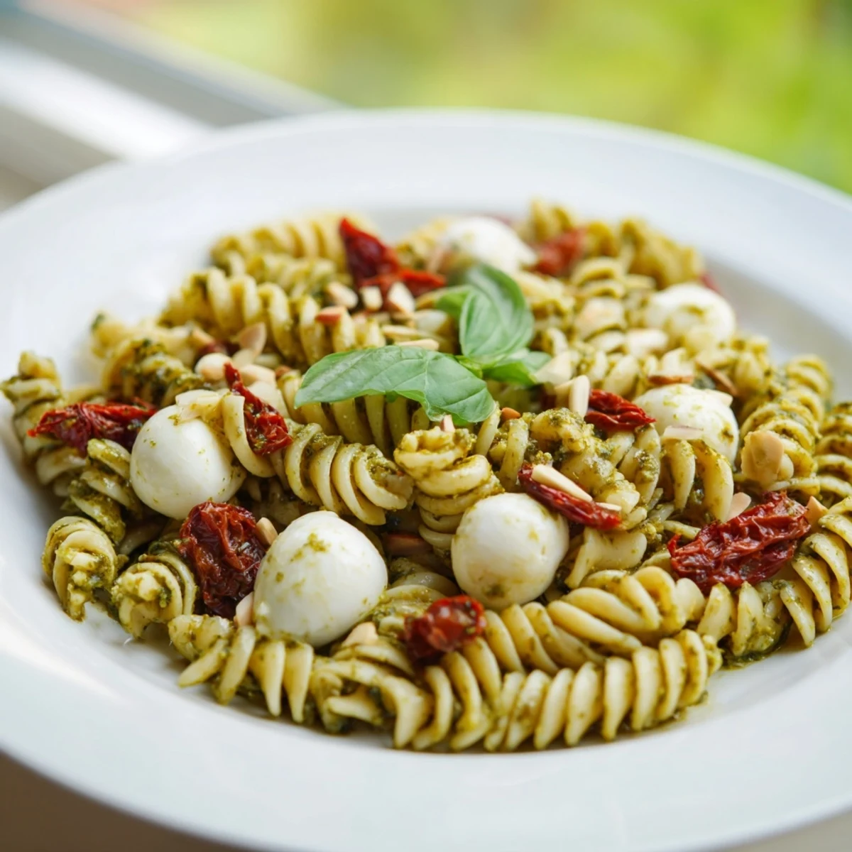 A colorful bowl of pesto pasta salad, bursting with cherry tomatoes and fresh mozzarella.