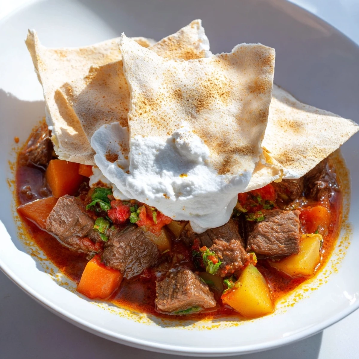 Steaming, hearty Yemeni Saltah stew with tender meat, vegetables, and fluffy fenugreek topping.