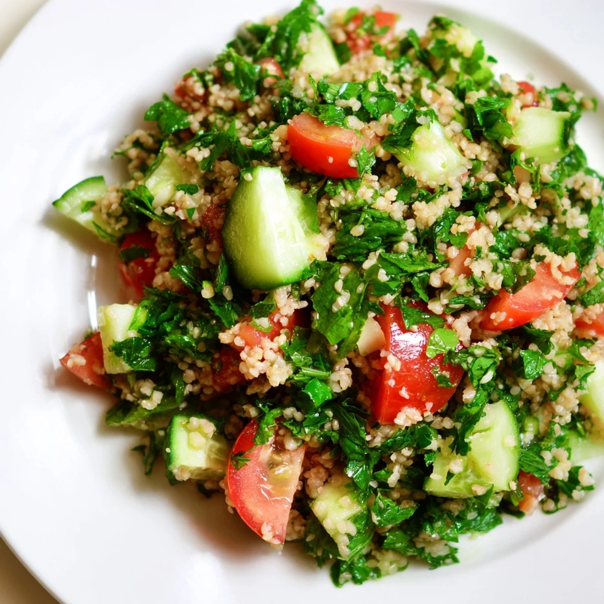 Cool and refreshing Lebanese Tabbouleh Salad served in a white bowl, perfect for a light lunch.