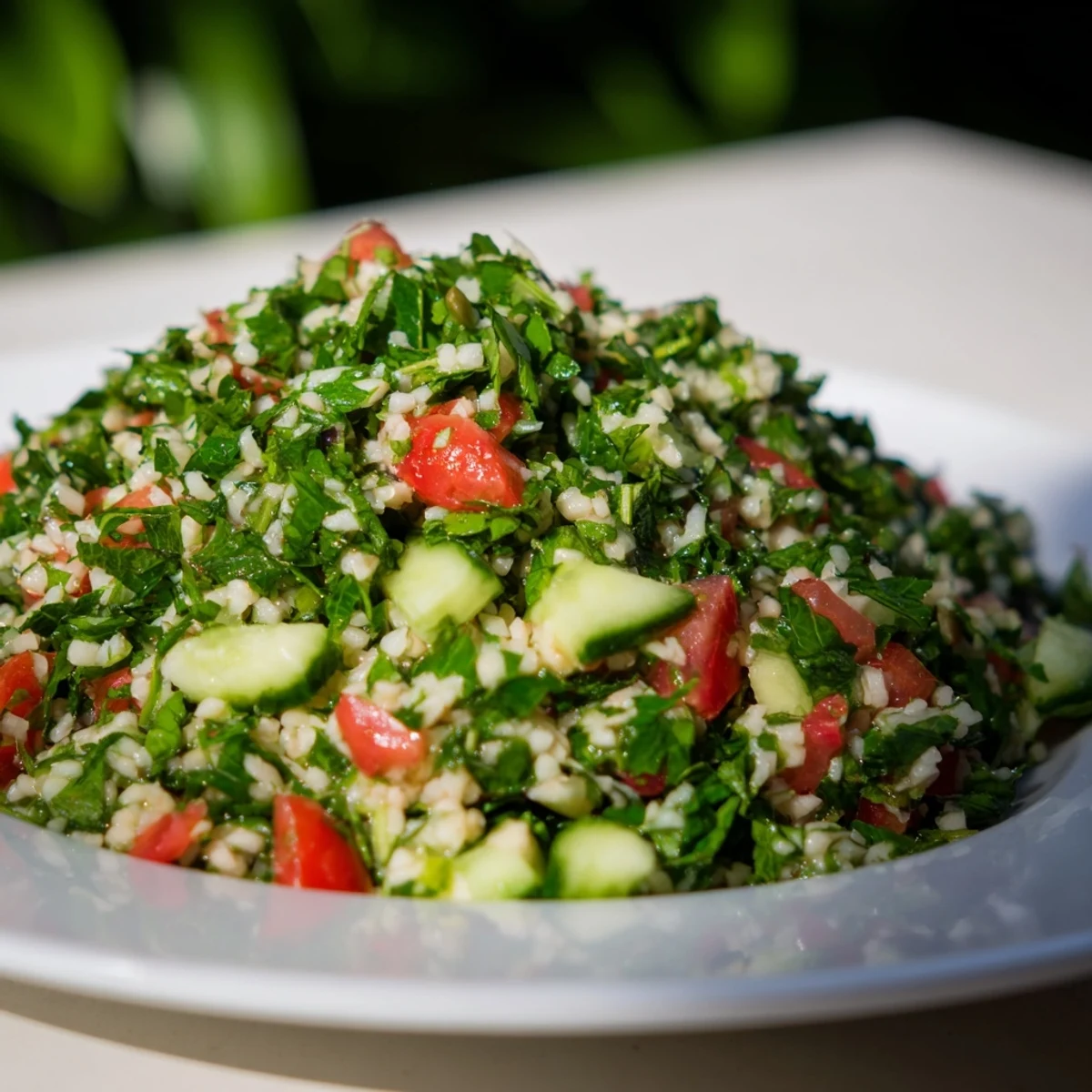 Vibrant Lebanese Tabbouleh Salad, a delightful mix of fresh herbs and bulgur, is ready to eat.