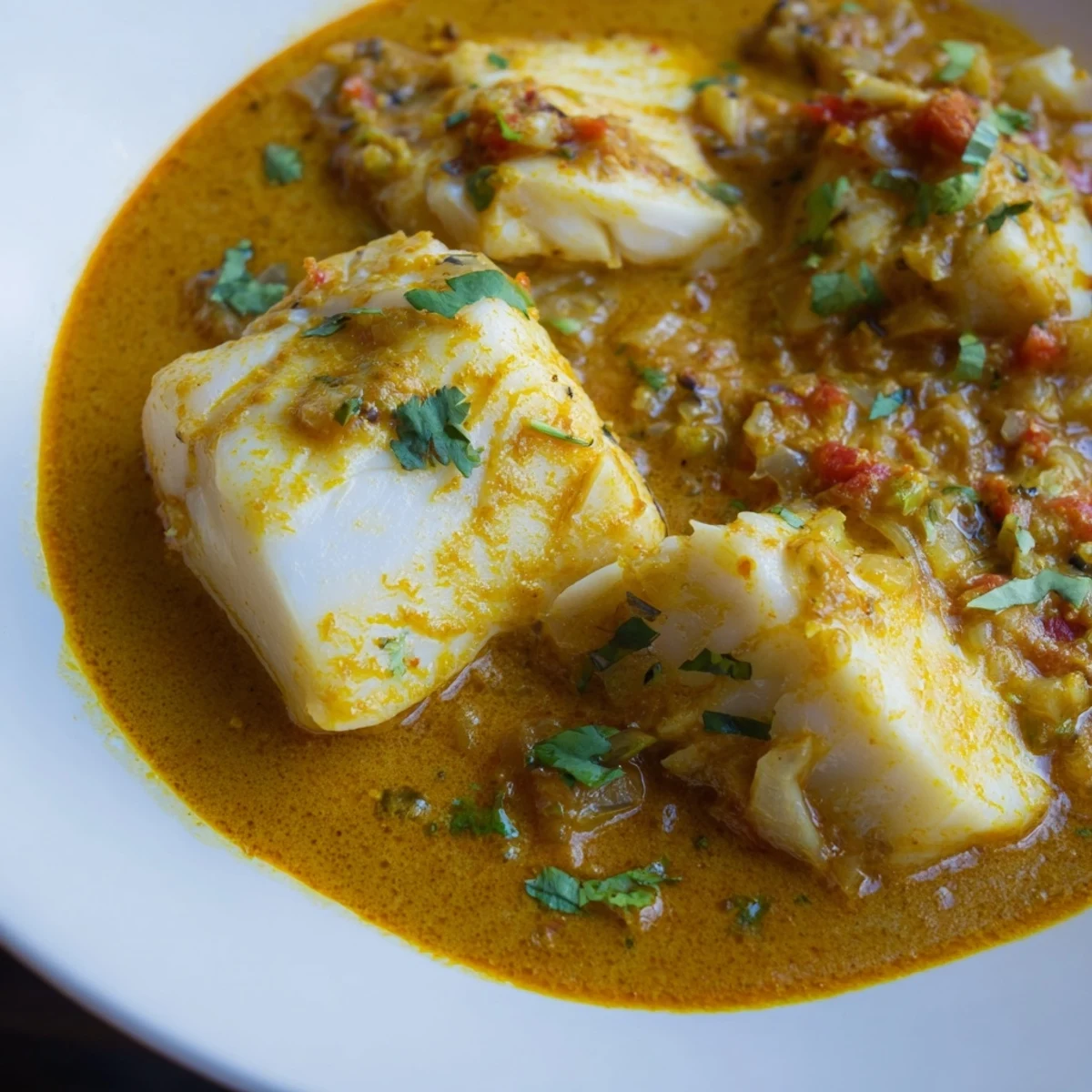 Plate of golden Bahraini fish curry, a creamy, spiced coconut-based dish, ready to savor.