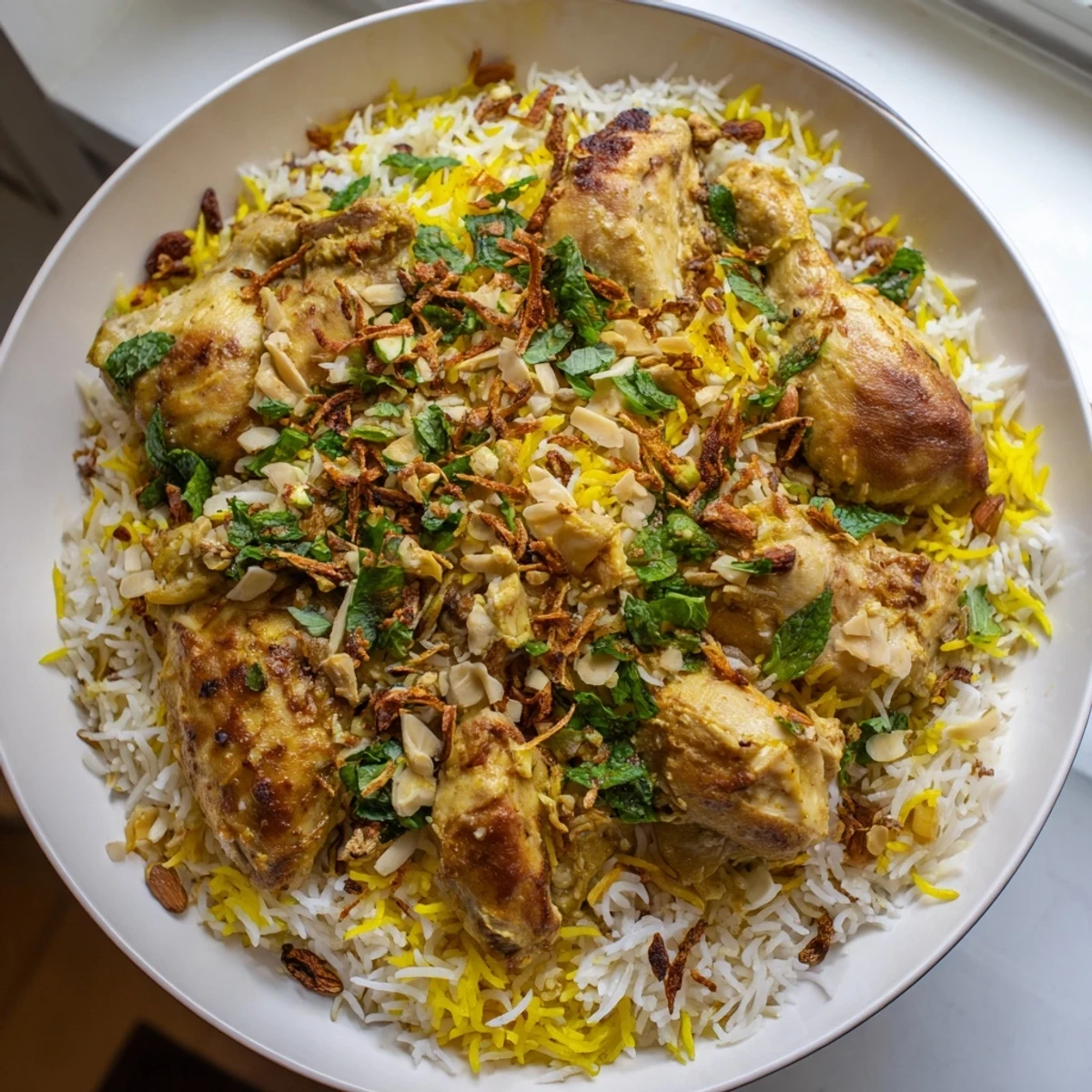Steaming Kuwaiti Biryani rice, a flavorful layered rice dish, with tender chicken or lamb.