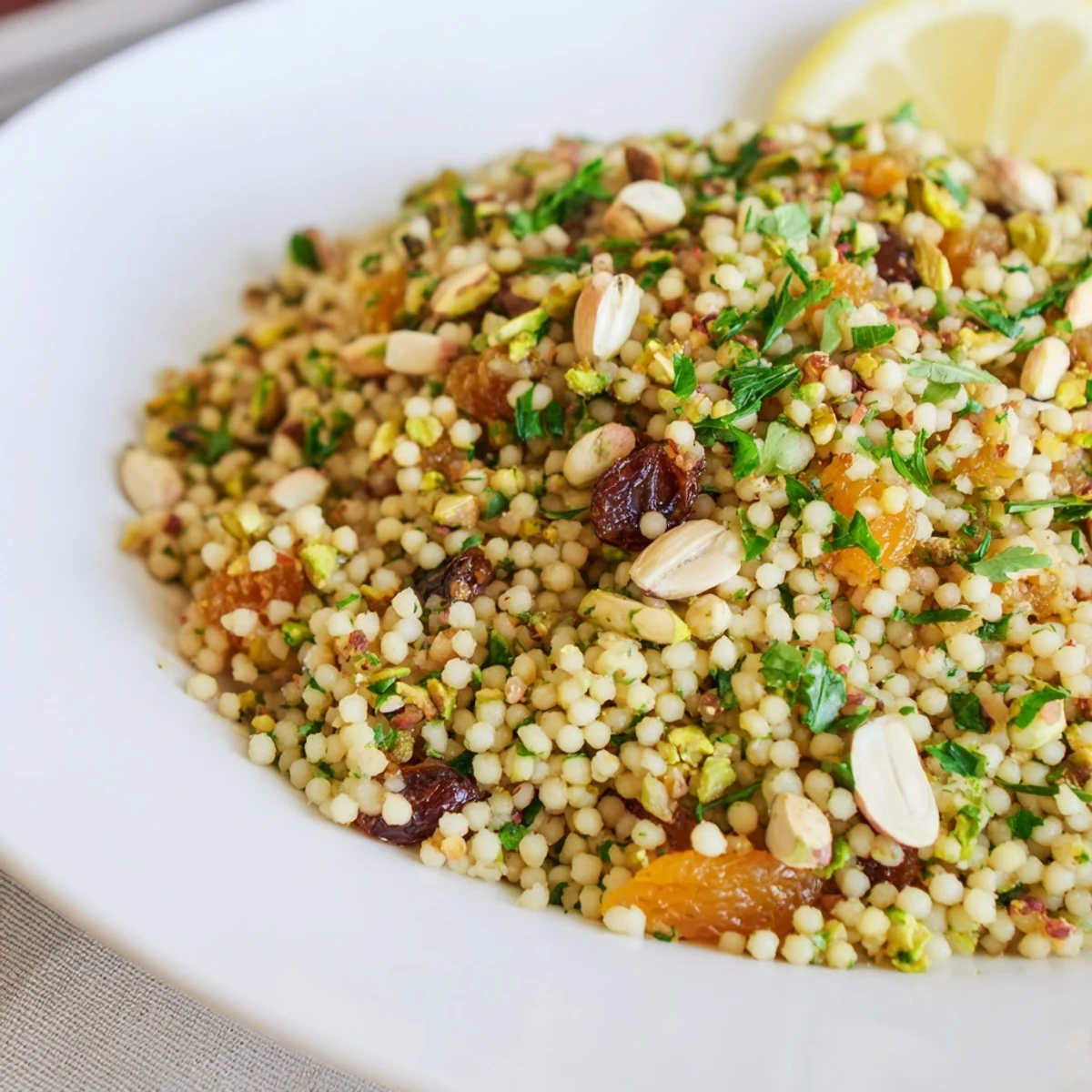 Steaming bowl of couscous pilaf spiced, with colorful fruits and nuts, ready to serve with lemon.