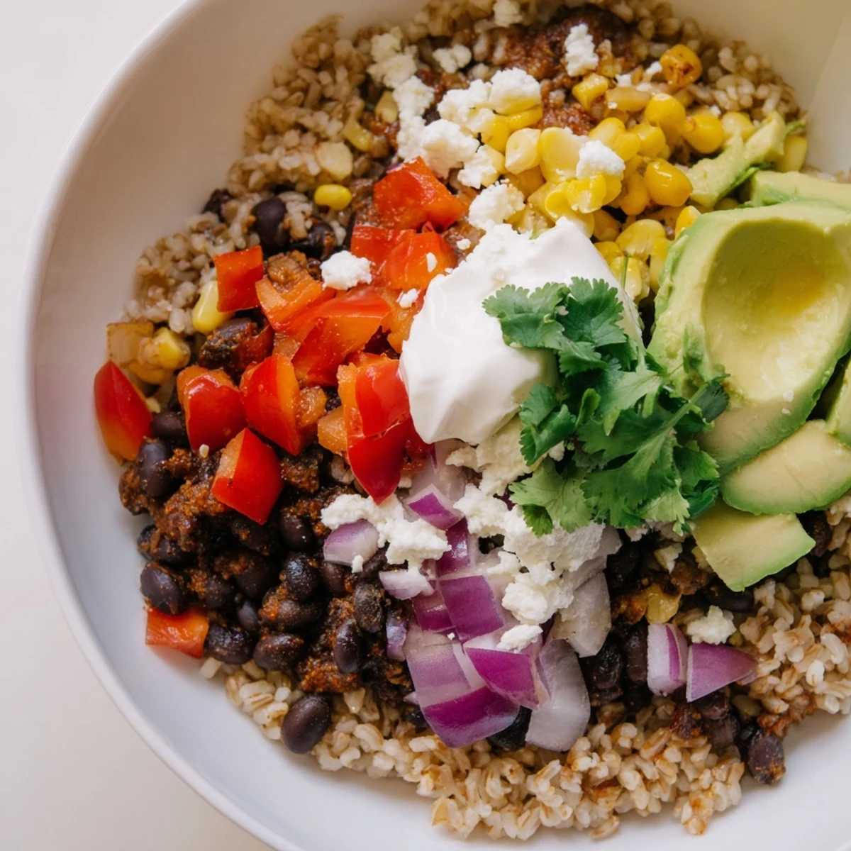 Golden brown rice burrito bowl topped with vibrant vegetables and creamy queso fresco, a delicious lunch.