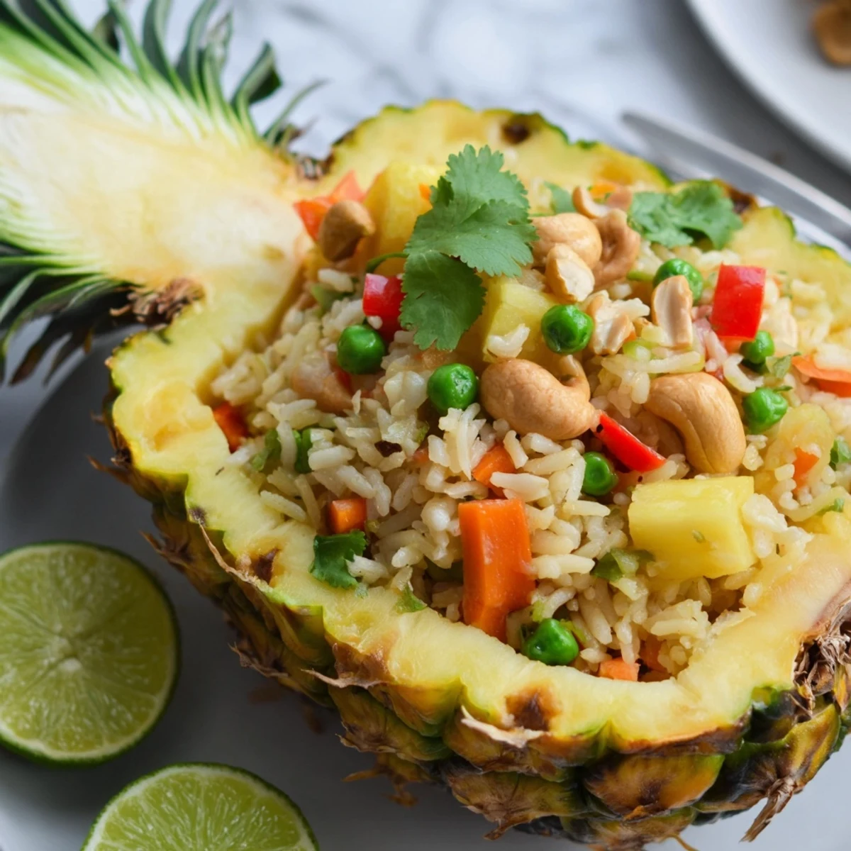 Savory and sweet Pineapple Fried Rice, perfectly seasoned and cooked with diced carrots and crunchy cashews.