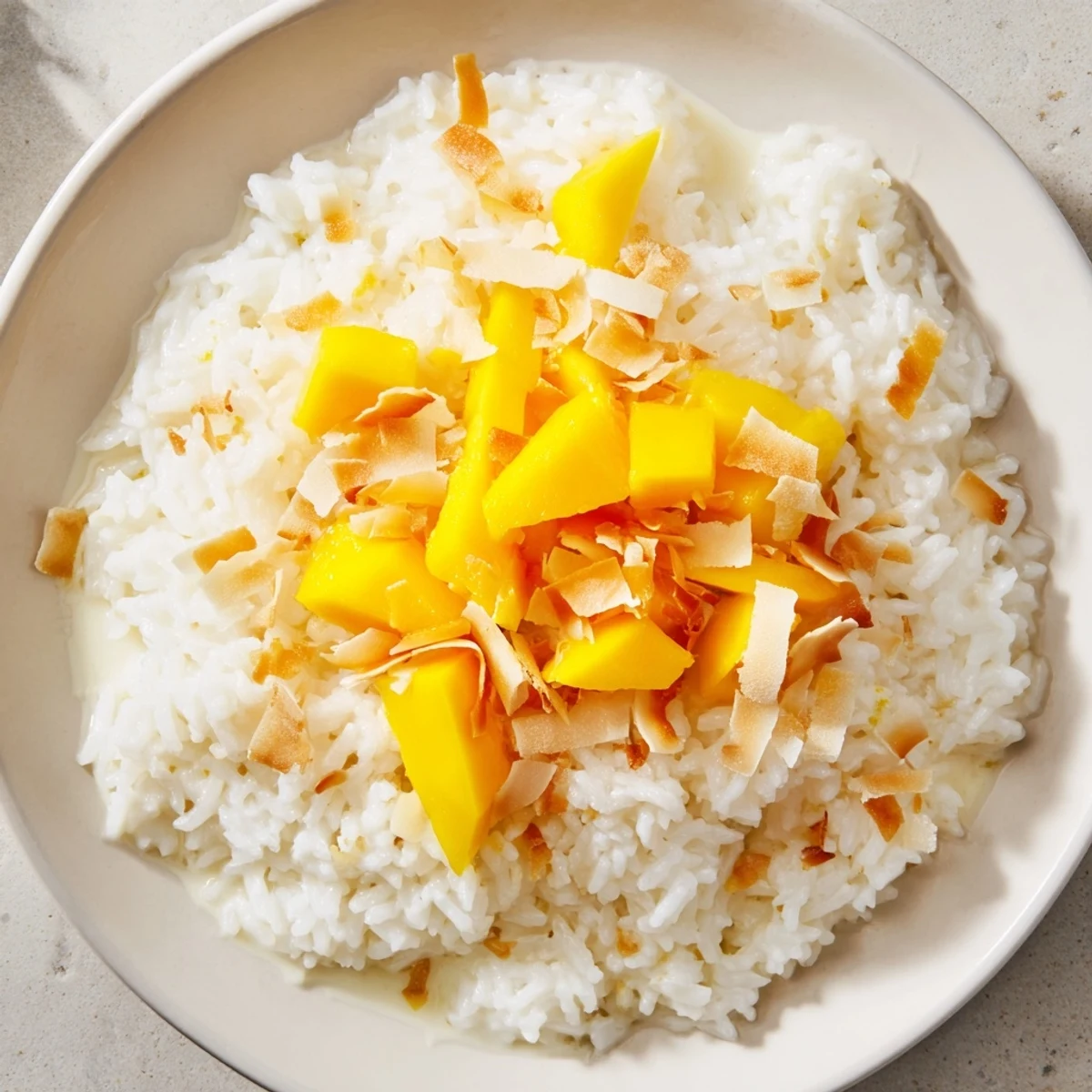 Creamy Coconut Rice Sweet, topped with toasted coconut and fresh mango, a tropical delight.