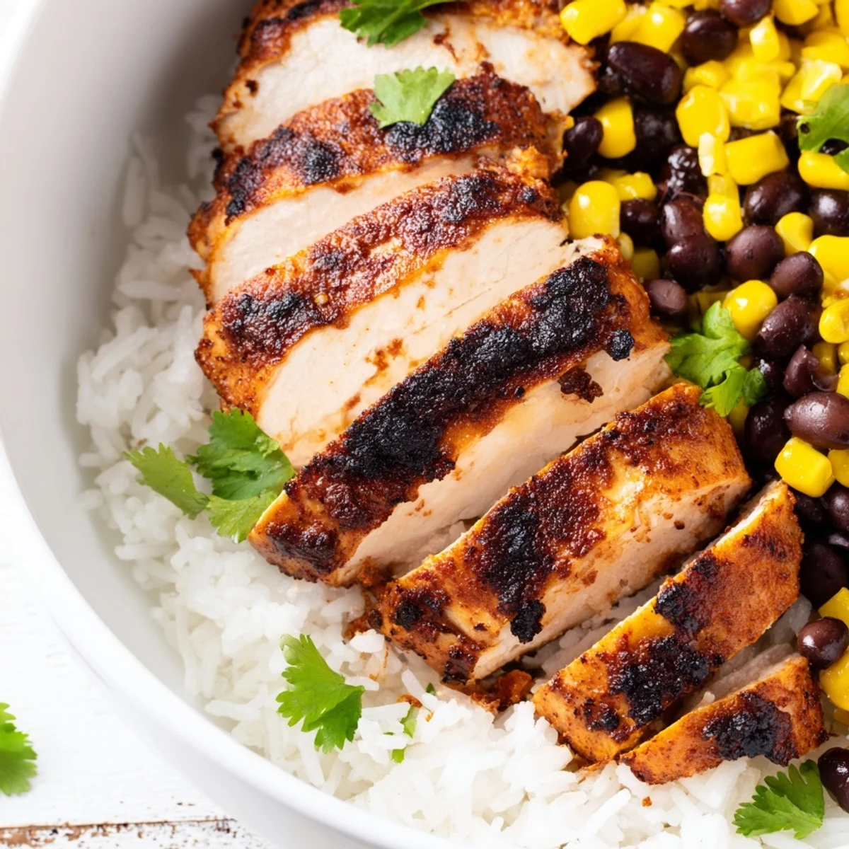 A vibrant Spicy Chicken Burrito Bowl with grilled chicken, fluffy rice, black beans, sweet corn, and fresh avocado slices.  