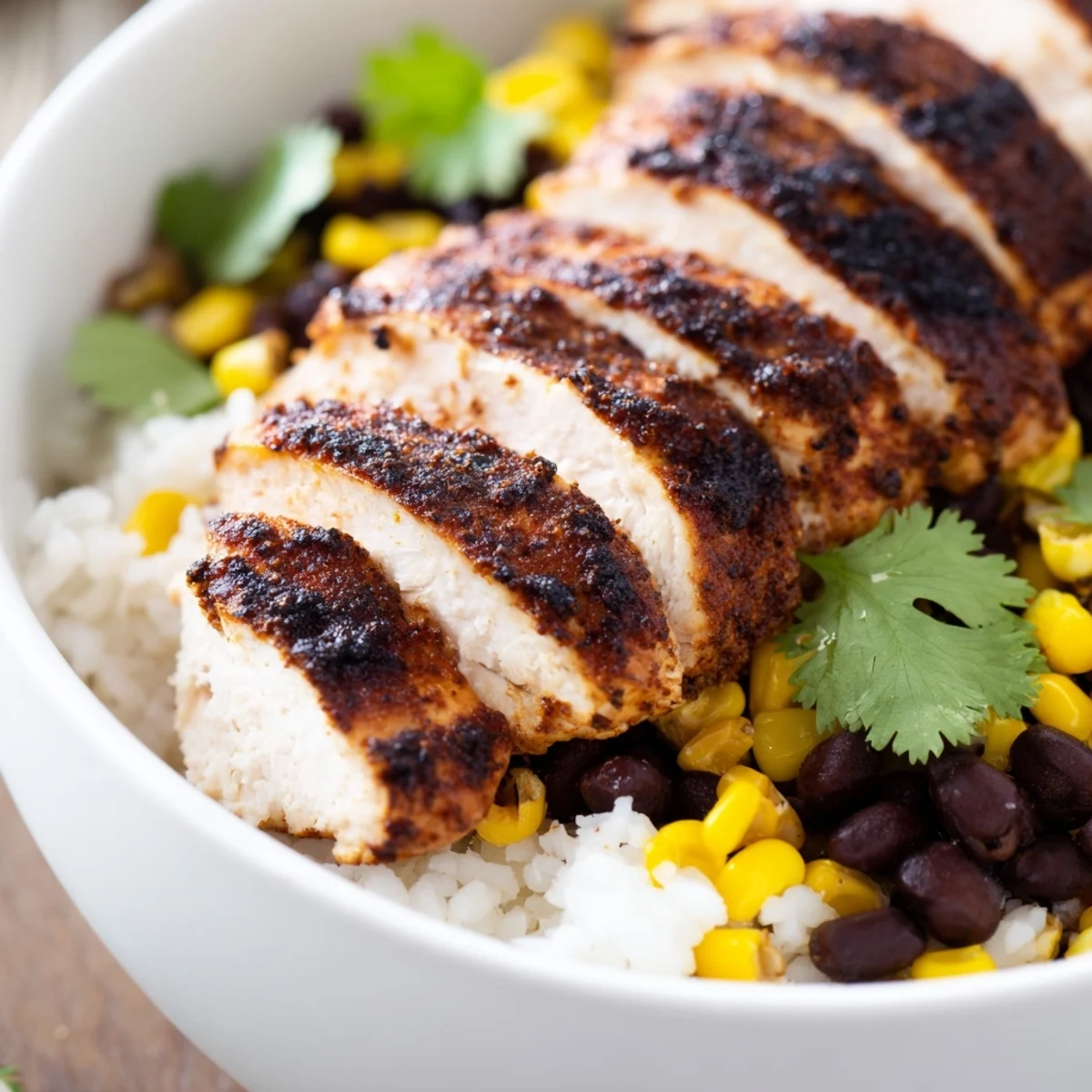 An overhead view of a Spicy Chicken Burrito Bowl featuring seasoned chicken, beans, corn, and colorful Tex-Mex toppings.