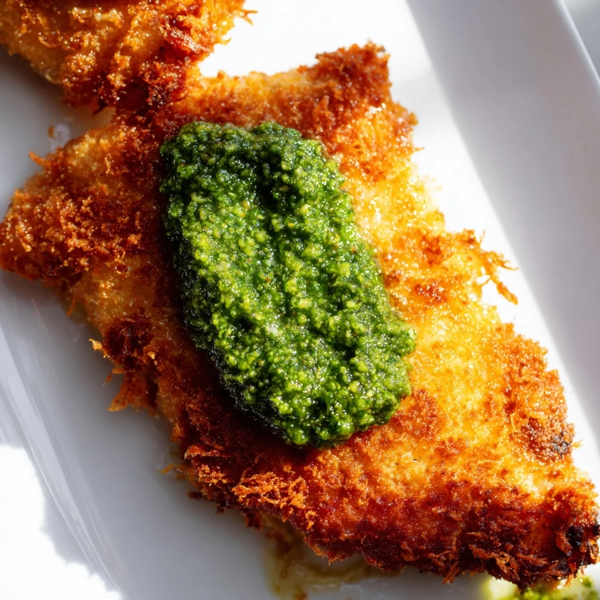 Tender Crispy Pesto Chicken Cutlets are shown with a crunchy Parmesan breadcrumb crust, ready to be paired with a simple salad or pasta for dinner.