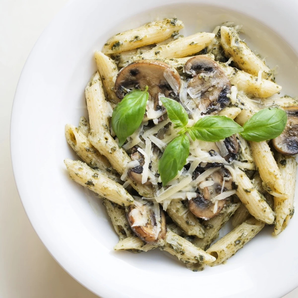 Golden penne pasta tossed in a creamy, vibrant green basil pesto sauce, topped with sautéed mushrooms and fresh basil leaves for a comforting, vegetarian main dish.