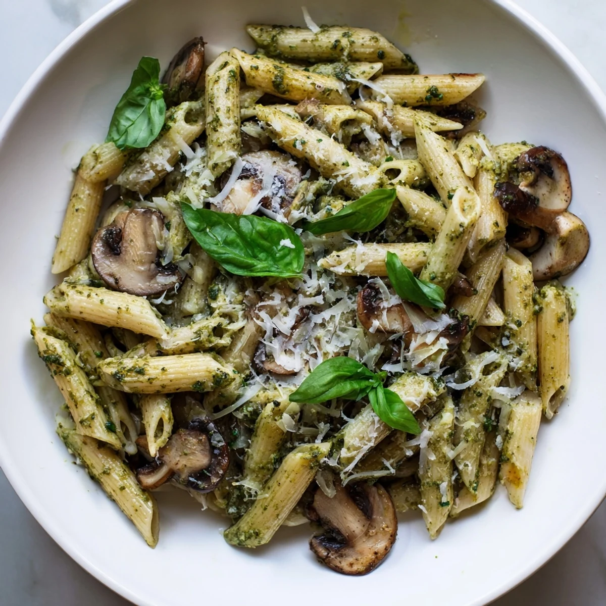 Savory cremini mushrooms sautéed with garlic, blended into a creamy pesto sauce for penne pasta, creating a rustic Italian-inspired meal perfect for a weeknight dinner.