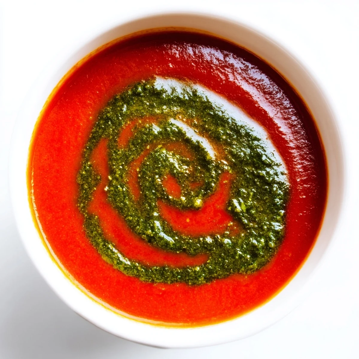 Overhead view of homemade tomato soup with basil pesto, garnished with fresh basil and a sprinkle of chili flakes, perfect for cozy dinners.