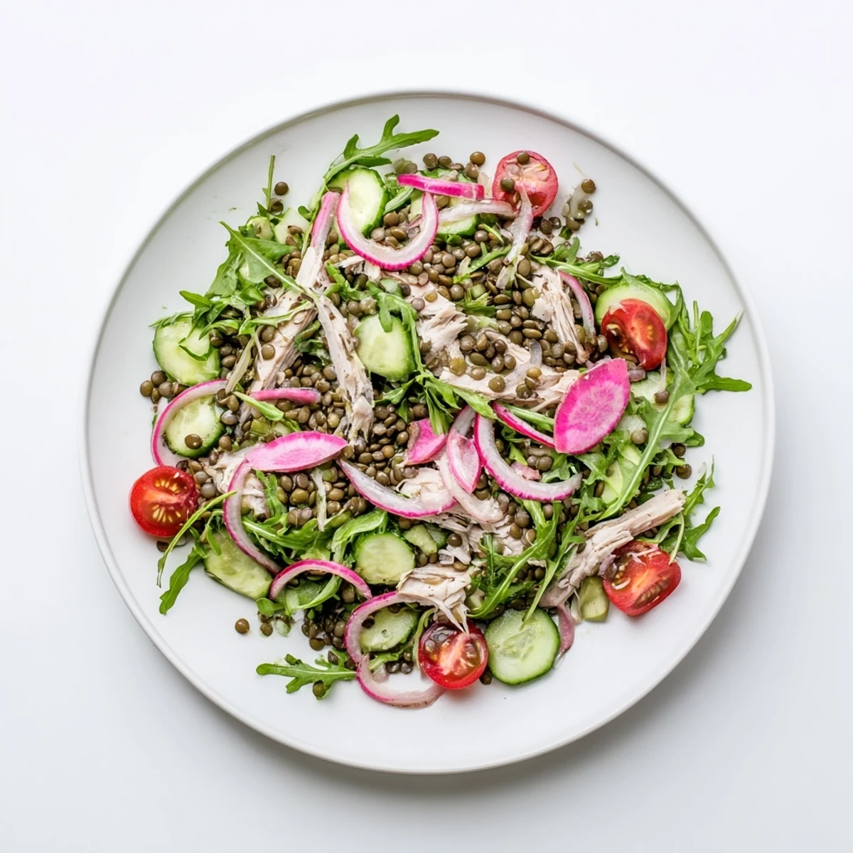 Freshly tossed Lentil & Chicken Spring Salad featuring lentils, arugula, and shredded chicken drizzled with homemade Dijon vinaigrette.