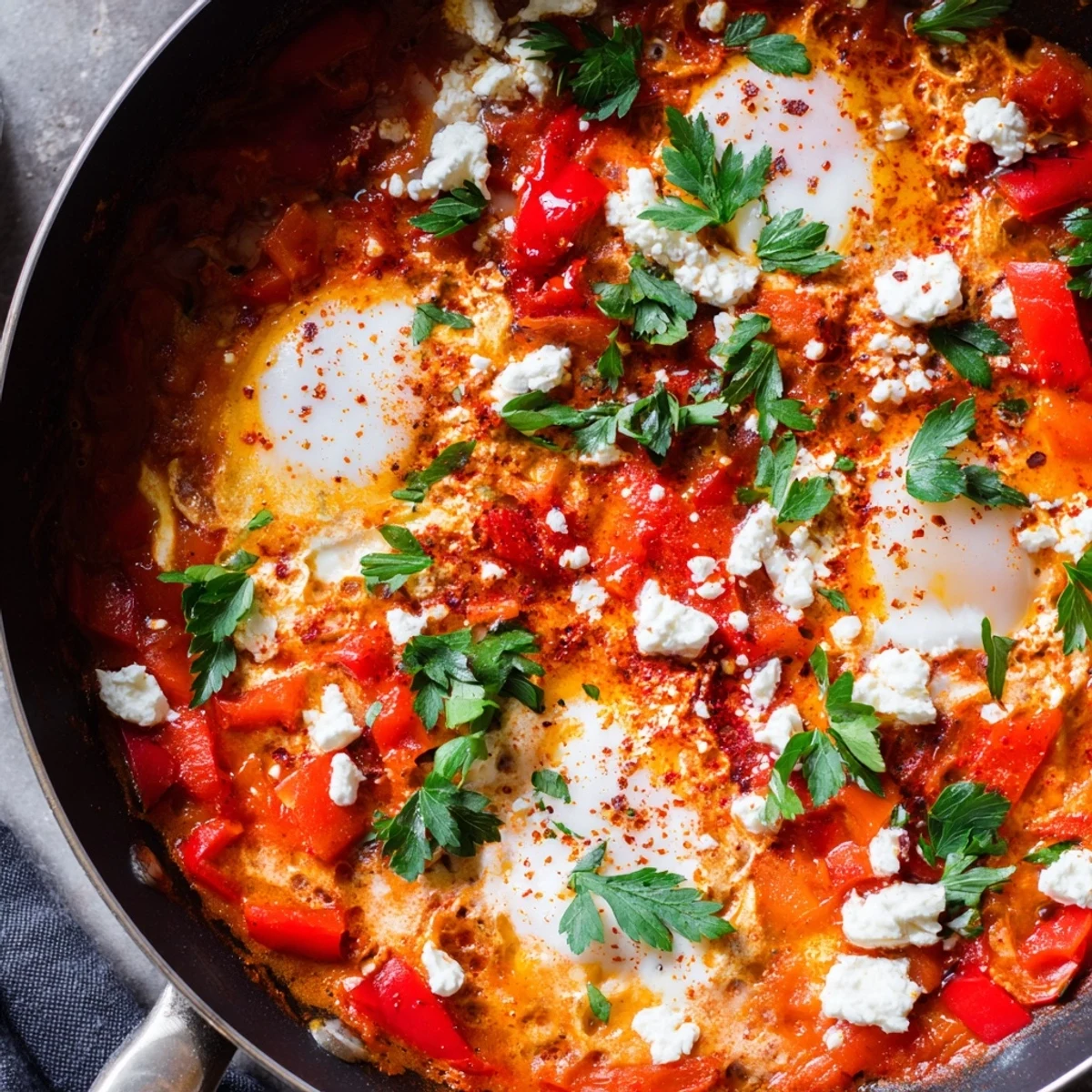 Fresh herbs and crumbled feta top this Shakshuka, served alongside warm crusty bread for dipping.