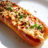 Golden, melted cheese and a rich marinara chicken filling spill from this hearty Chicken Parm Stuffed Garlic Bread on a serving board.