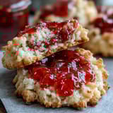 Fresh strawberry jam thumbprint cookies with golden edges and ruby-red filling, ready for holiday baking.