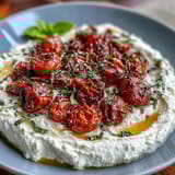 Creamy whipped feta dip topped with sweet roasted cherry tomatoes and fresh basil.