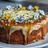 Zesty lemon cake topped with silky cream cheese frosting and fresh edible flowers for a festive touch.