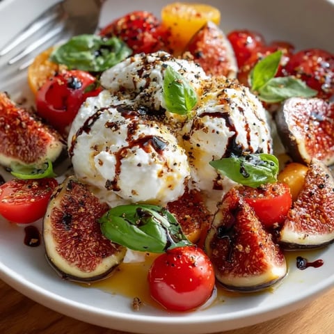 Vibrant fig and burrata Caprese salad, drizzled with balsamic glaze, is ready to serve immediately.