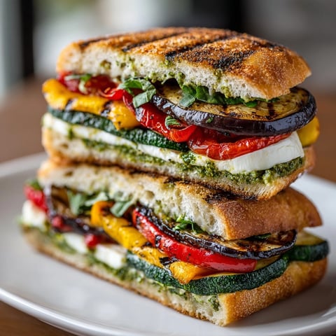 Grilled Vegetable Caprese Sandwiches with pesto aioli: a delicious vegetarian sandwich on toasted ciabatta bread.