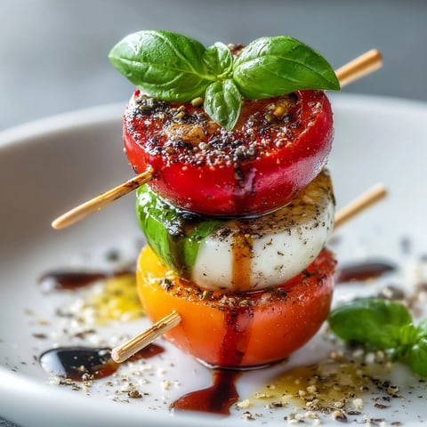 Heirloom tomato, basil, and mozzarella skewers glistening with olive oil, a perfect vegetarian appetizer.