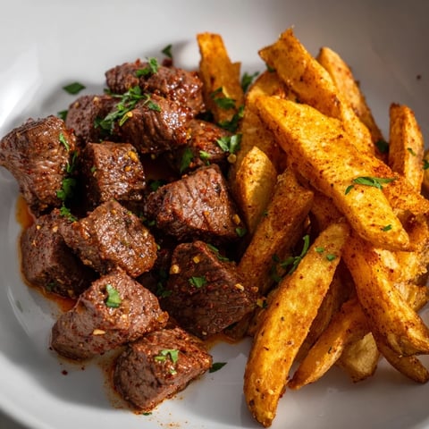 Sizzling Blackened Cajun Steak Bites with golden fries: a flavorful, perfectly cooked, delicious main dish.