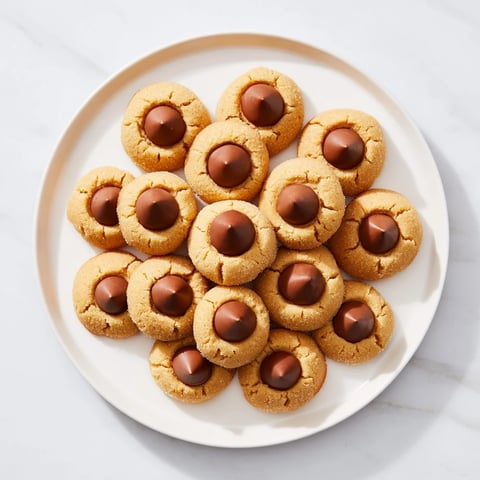 Golden-brown 3-Ingredient Peanut Butter Blossoms, with soft edges and a melty chocolate kiss on top.