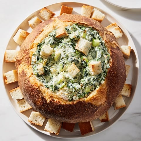 Image of creamy, vibrant The Best Spinach Dip Ever served beautifully in a crusty bread bowl.