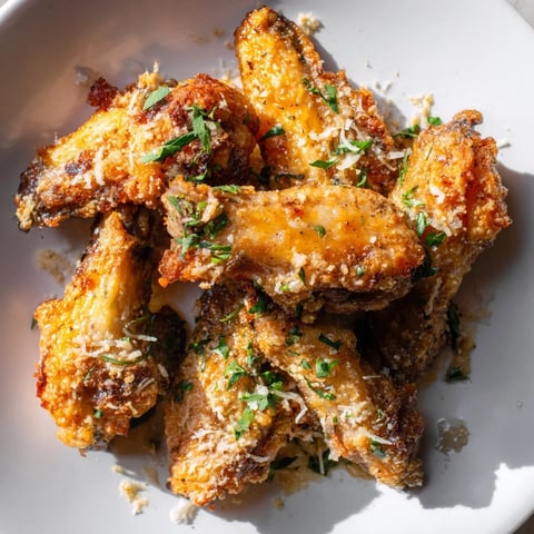 Golden brown, crispy air fryer garlic-Parmesan chicken wings, a perfect appetizer for sharing at a party.