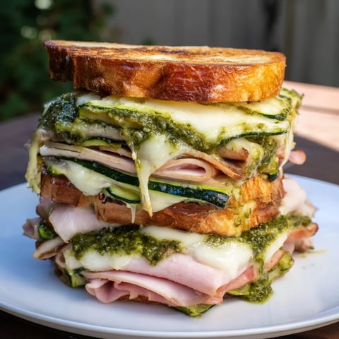 Golden, gooey Pesto Turkey Zucchini Grilled Cheese Stacks, a savory and satisfying lunch.